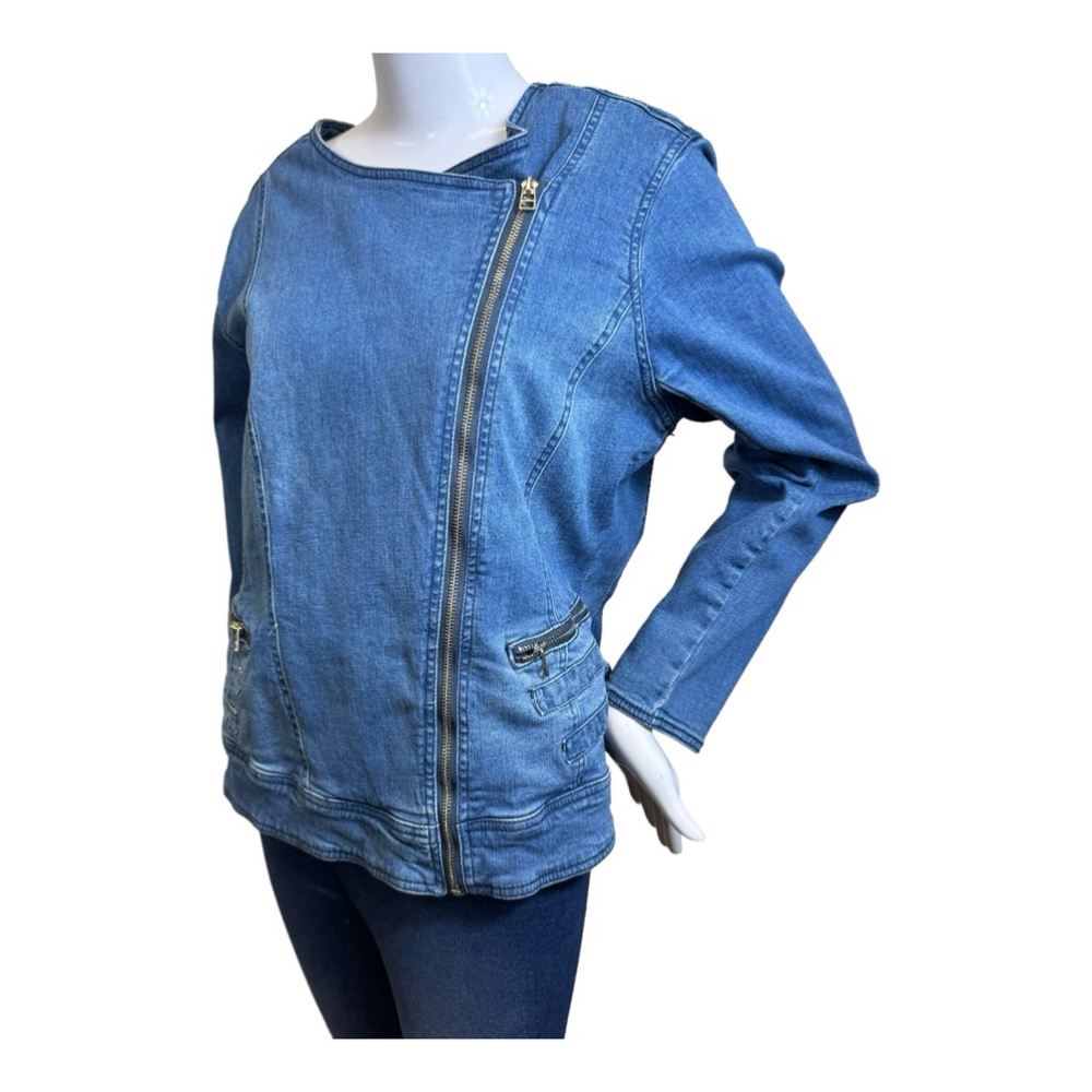 Reba Blue Jean Jacket zips up front on side long sleeve size 1X